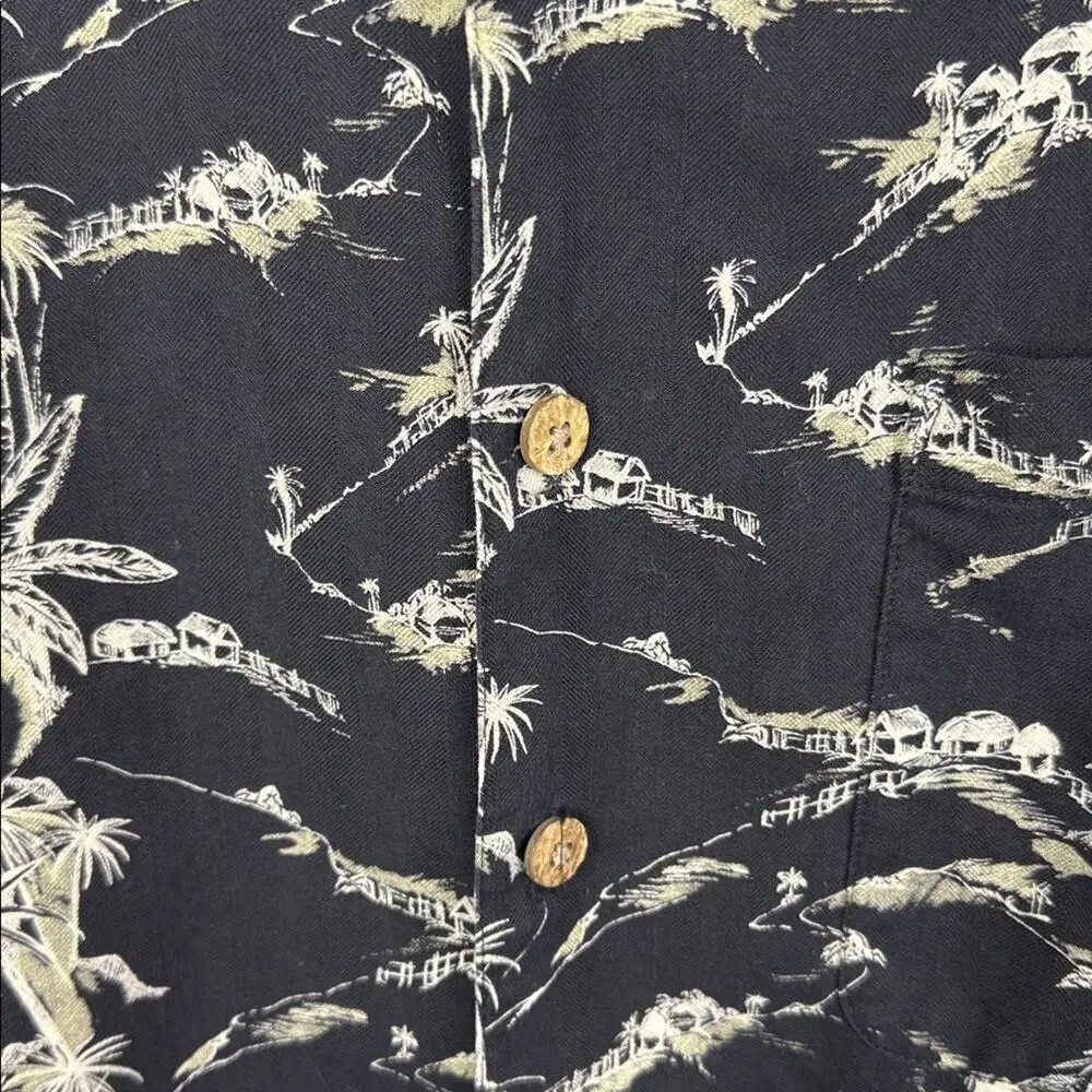 Caribbean Silk Blend Men's XL Black White Hawaiian Palm Tree Camp Shirt